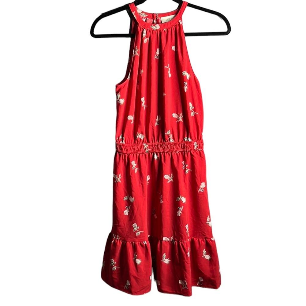 LOFT Red With White Floral Print Halter Dress Size XS